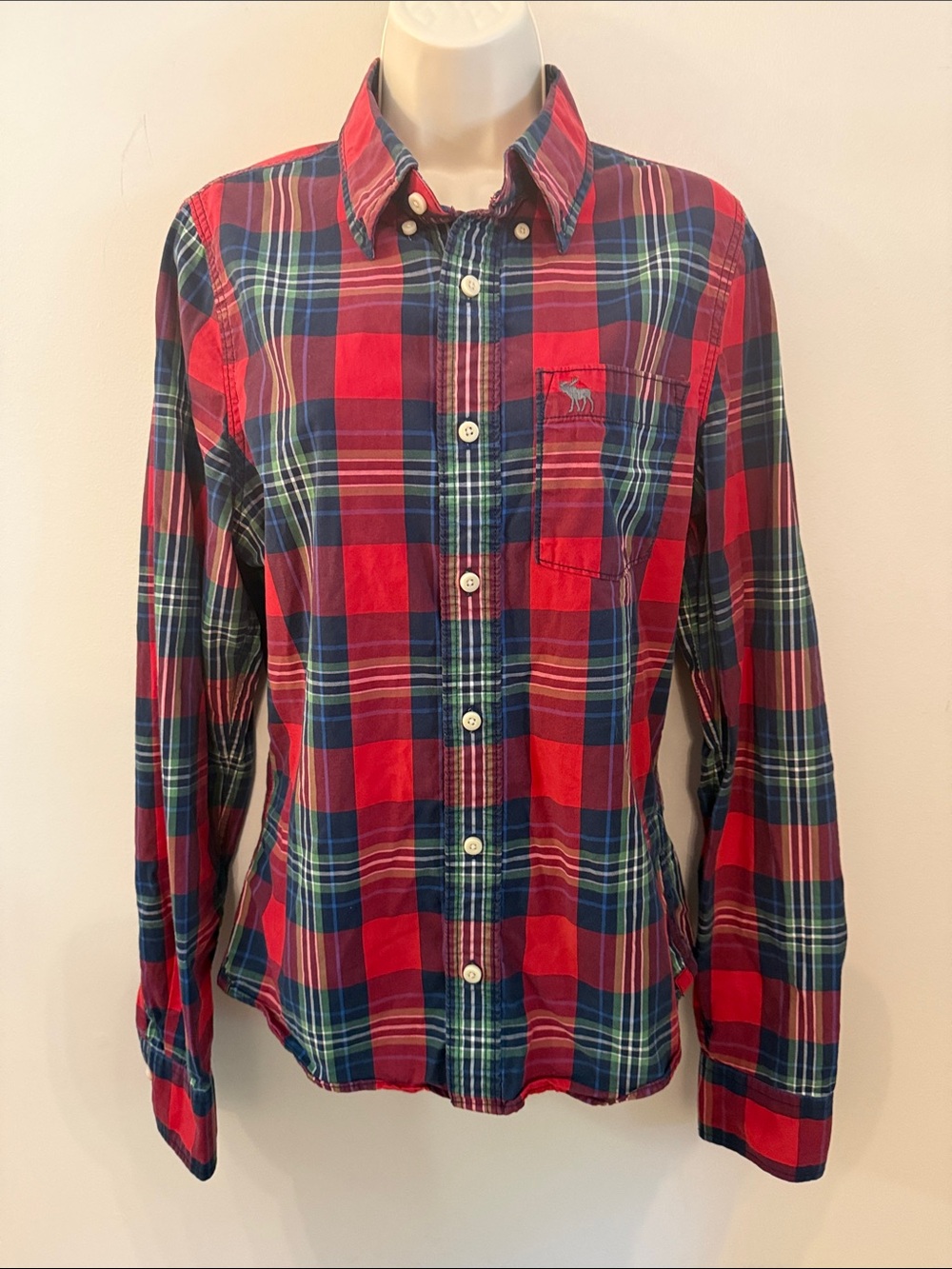 Abercrombie & Fitch Red and Navy Plaid Button-Down Shirt